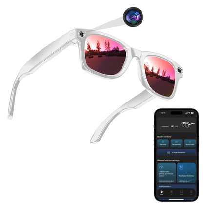 AI Smart Camera Glasses for Men Women, 4K Photography,1080P HD Video Recording,Real-Time Translation, Open-Ear Audio,Voice Assistant, Lightweight (White Frame-Red Lens)