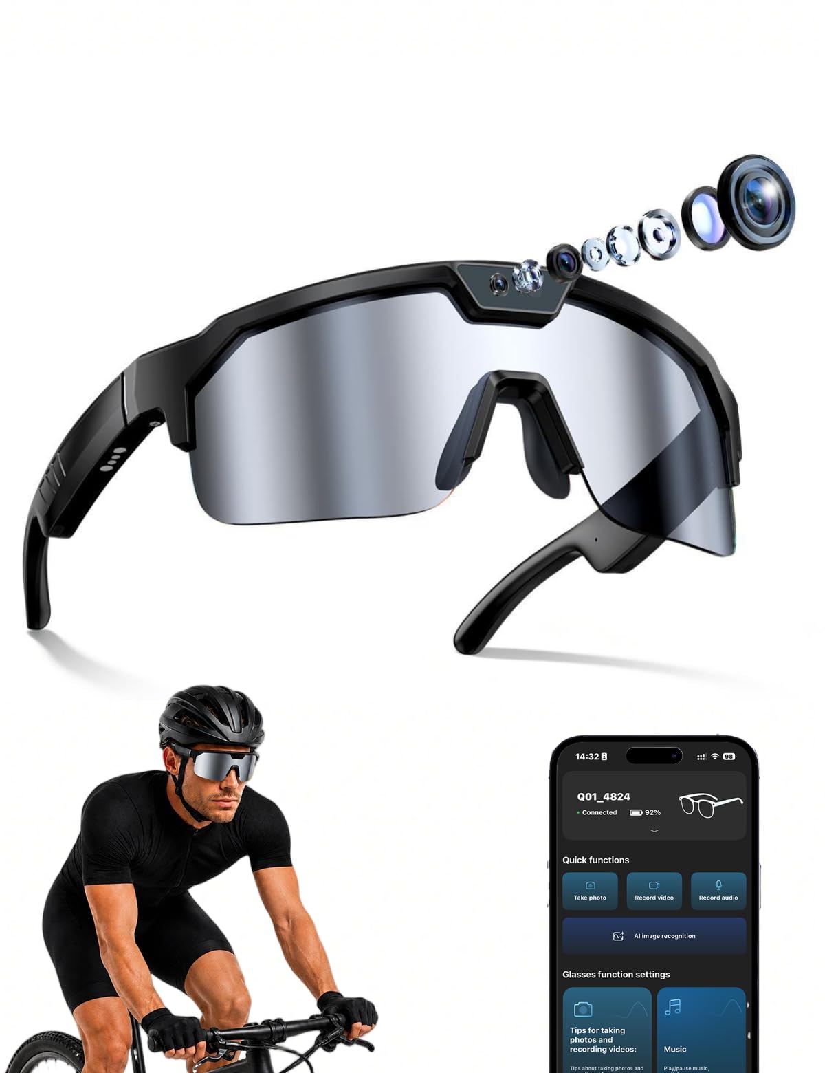 AI Sport Glasses with 30MP Camera & 4K Video — ChatGPT Voice, IP66 Waterproof, UV400 (Orange)