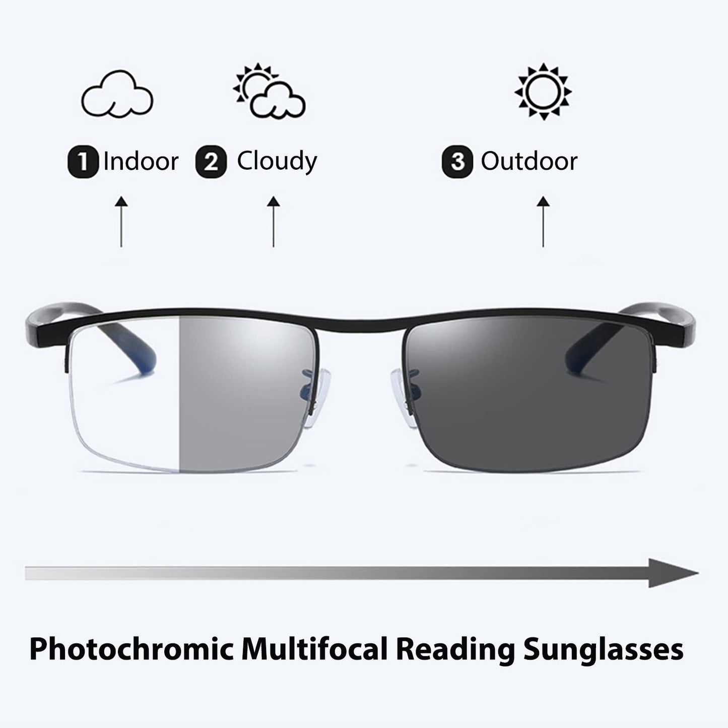 Photochromic Progressive Reading Glasses — Anti-Blue Light, UV400, Multifocal