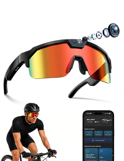 AI Sport Glasses with 30MP Camera & 4K Video — ChatGPT Voice, IP66 Waterproof, UV400 (Orange)