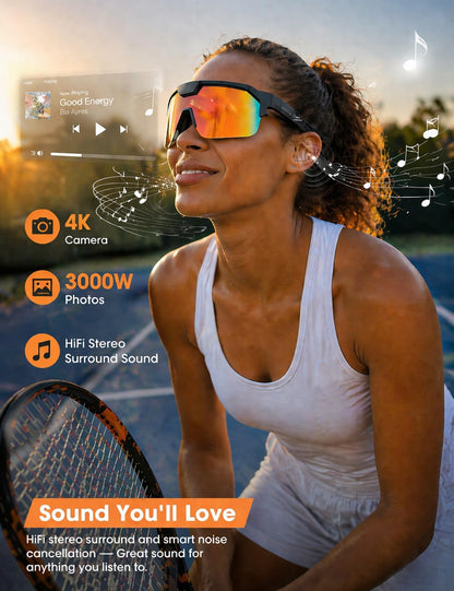 AI Sport Glasses with 30MP Camera & 4K Video — ChatGPT Voice, IP66 Waterproof, UV400 (Orange)