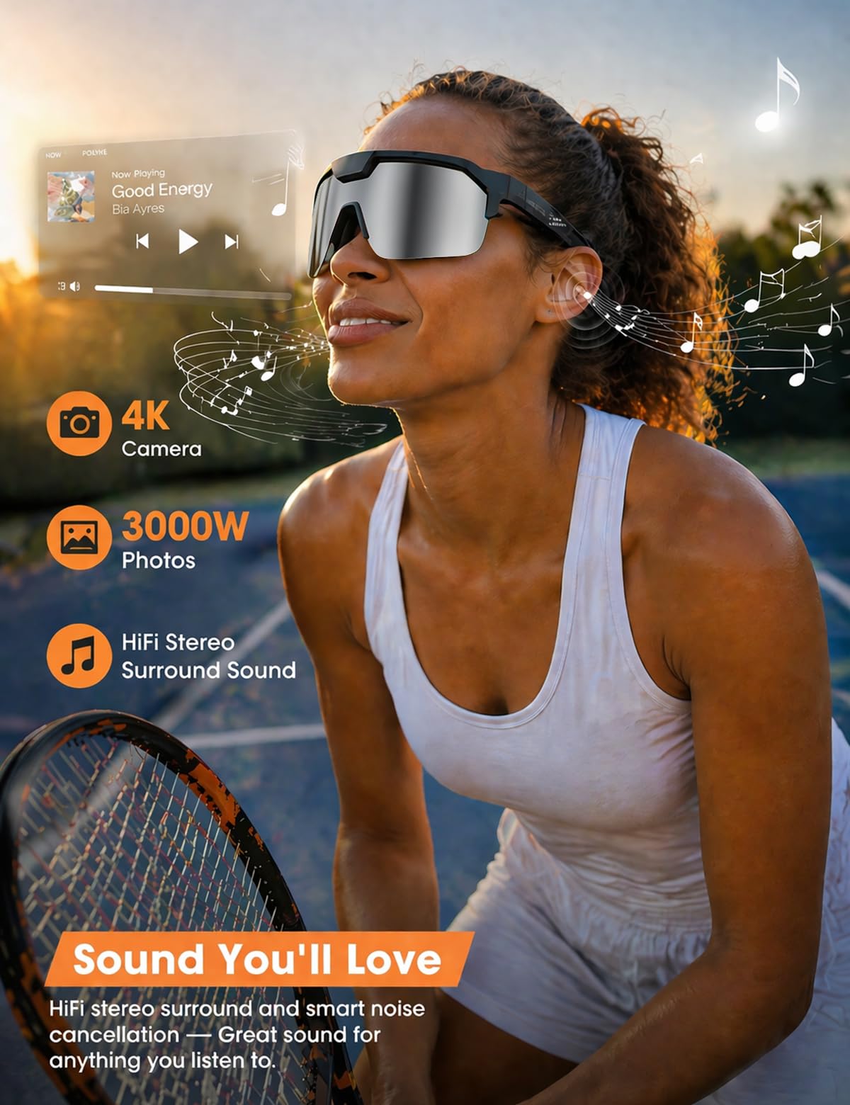 AI Sport Glasses with 30MP Camera & 4K Video — ChatGPT Voice, IP66 Waterproof, UV400 (Orange)