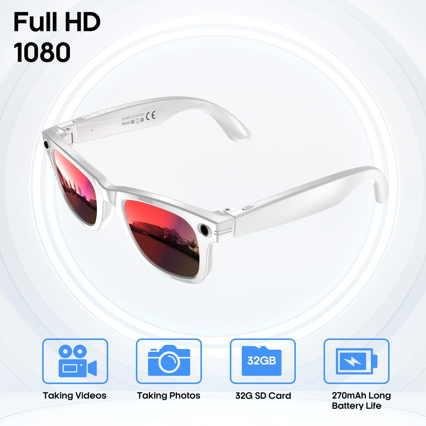 AI Smart Camera Glasses for Men Women, 4K Photography,1080P HD Video Recording,Real-Time Translation, Open-Ear Audio,Voice Assistant, Lightweight (White Frame-Red Lens)