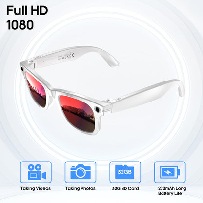 AI Smart Camera Glasses for Men Women, 4K Photography,1080P HD Video Recording,Real-Time Translation, Open-Ear Audio,Voice Assistant, Lightweight (White Frame-Red Lens)