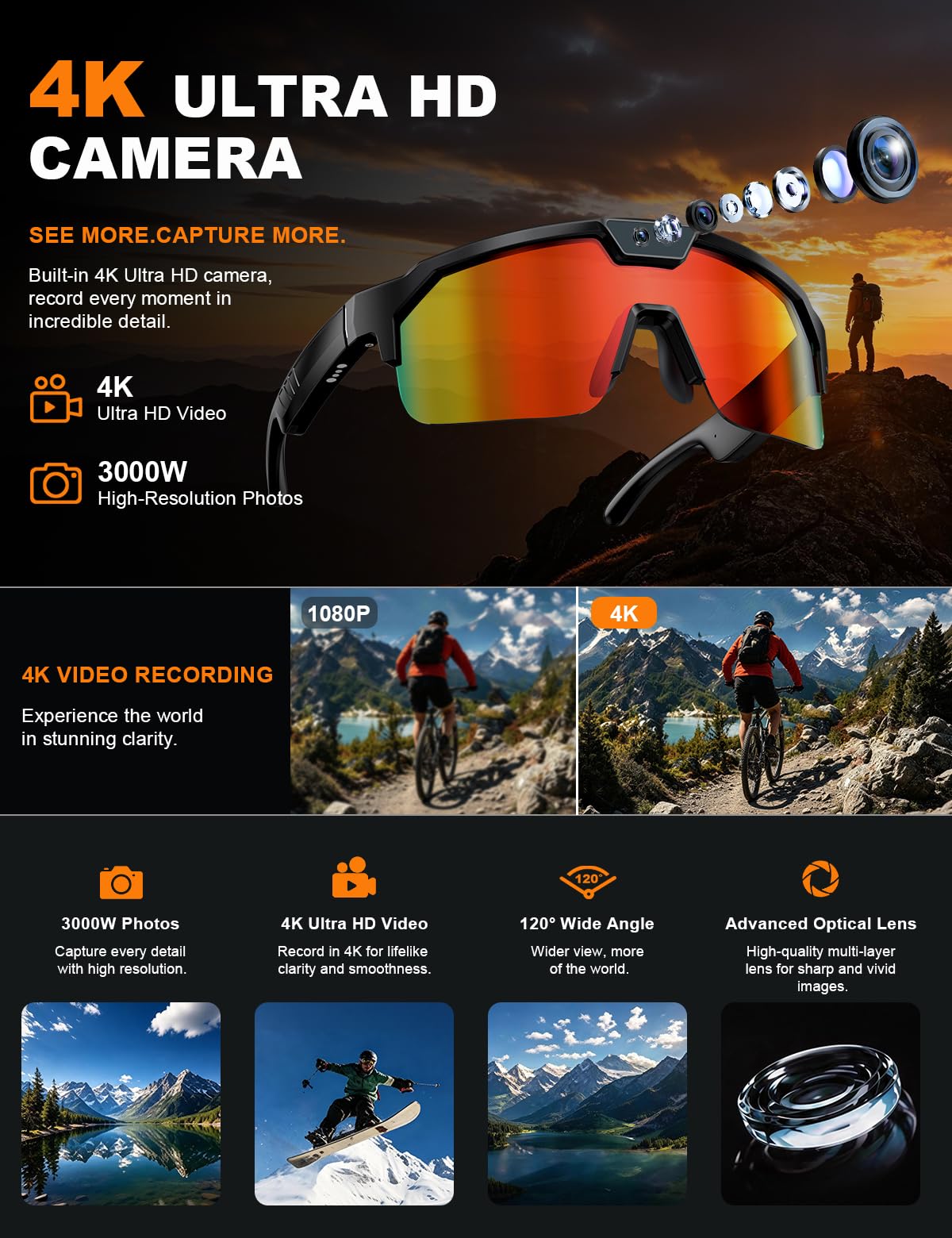 AI Sport Glasses with 30MP Camera & 4K Video — ChatGPT Voice, IP66 Waterproof, UV400 (Orange)