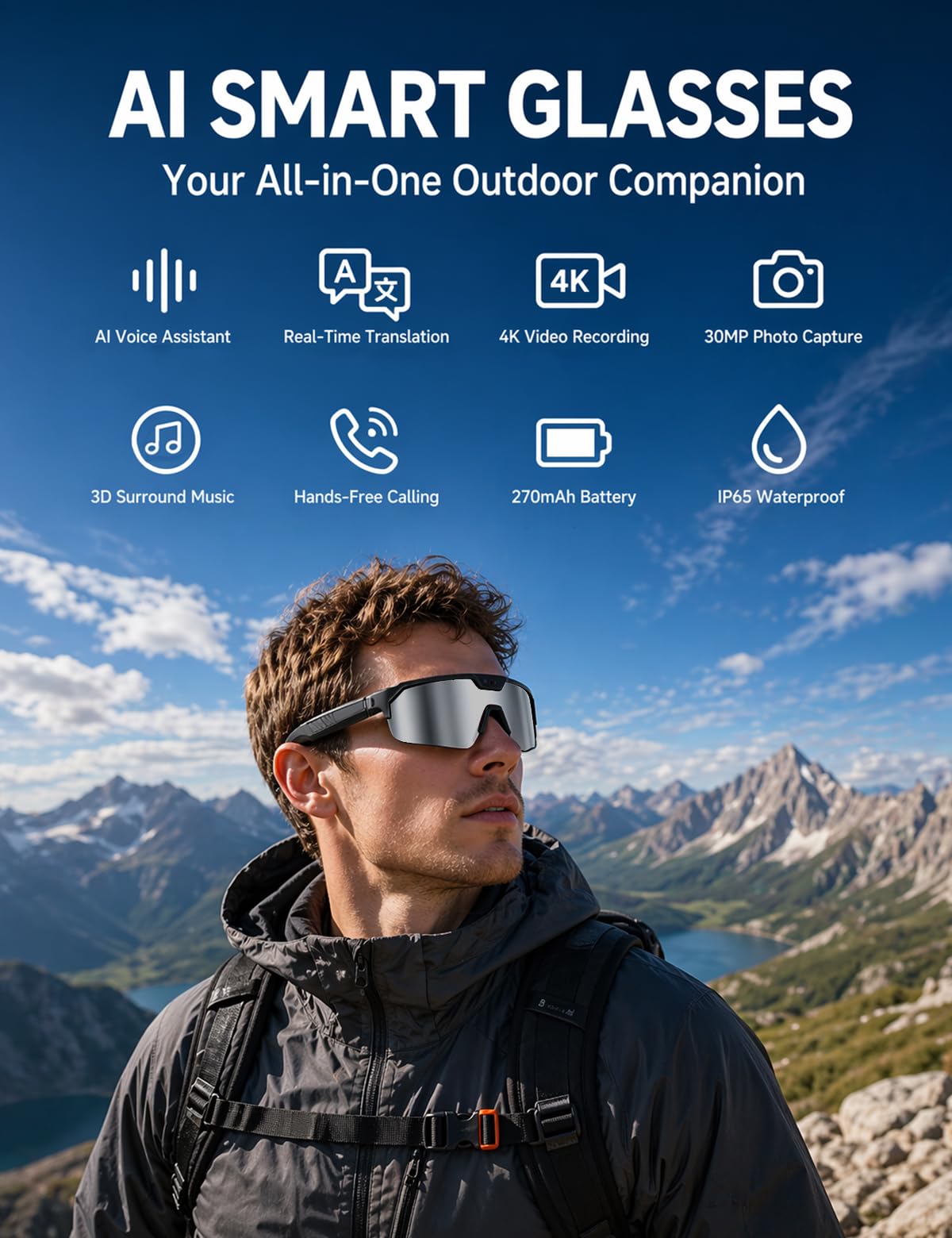 AI Sport Glasses with 30MP Camera & 4K Video — ChatGPT Voice, IP66 Waterproof, UV400 (Orange)