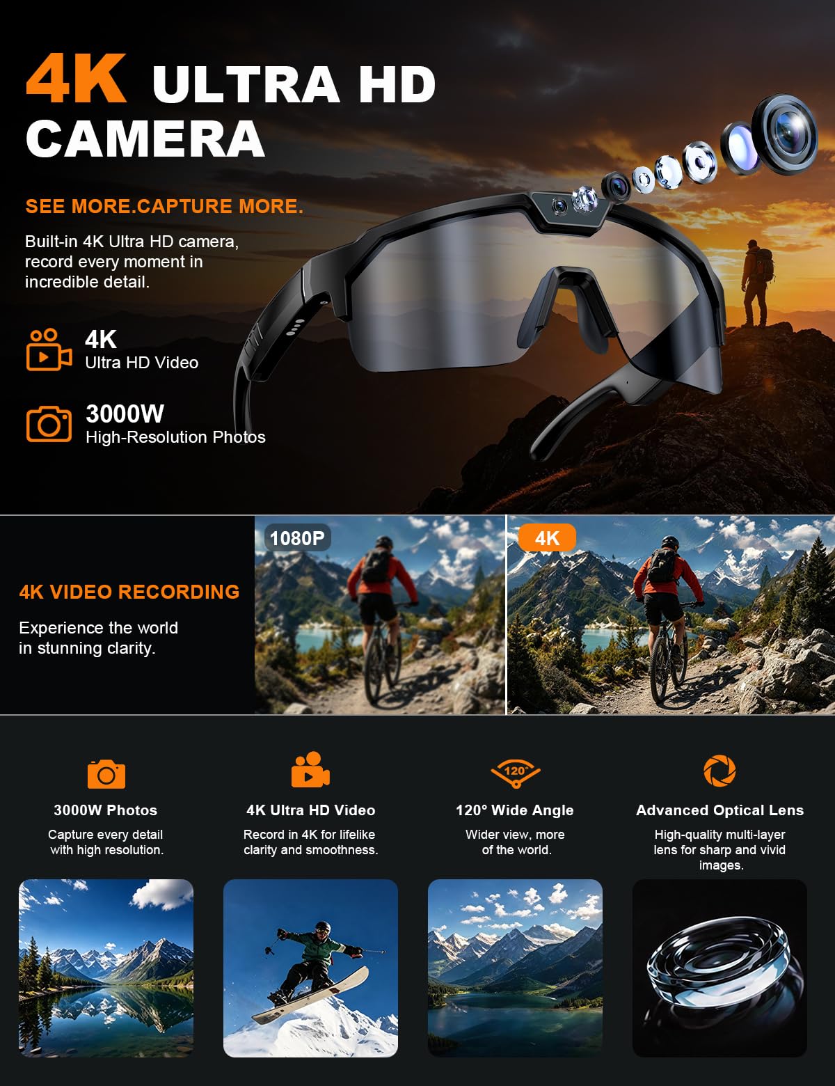 AI Sport Glasses with 30MP Camera & 4K Video — ChatGPT Voice, IP66 Waterproof, UV400 (Orange)