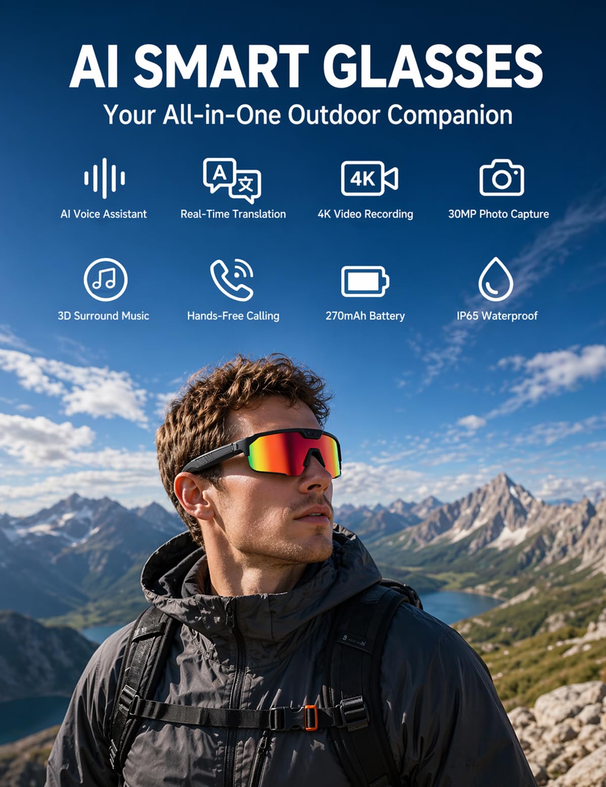 AI Sport Glasses with 30MP Camera & 4K Video — ChatGPT Voice, IP66 Waterproof, UV400 (Orange)