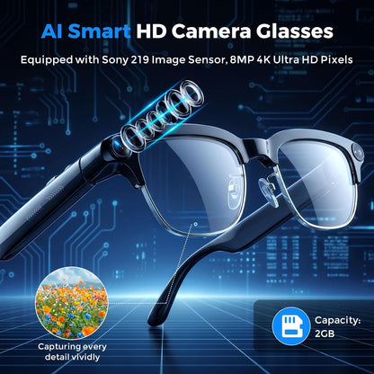 AI Smart Glasses with 4K HD Camera — Real-Time Translation, IP65 Waterproof, Open-Ear Bluetooth