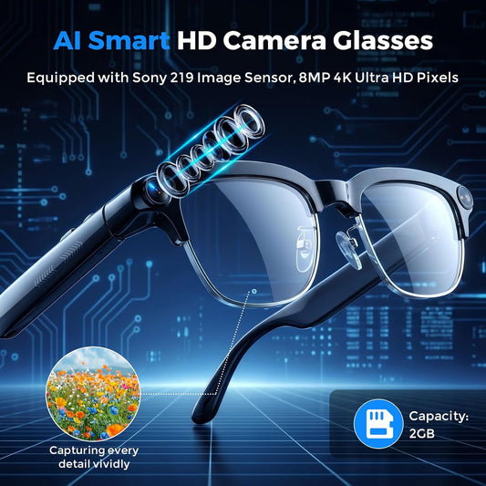 AI Smart Glasses with 4K HD Camera — Real-Time Translation, IP65 Waterproof, Open-Ear Bluetooth
