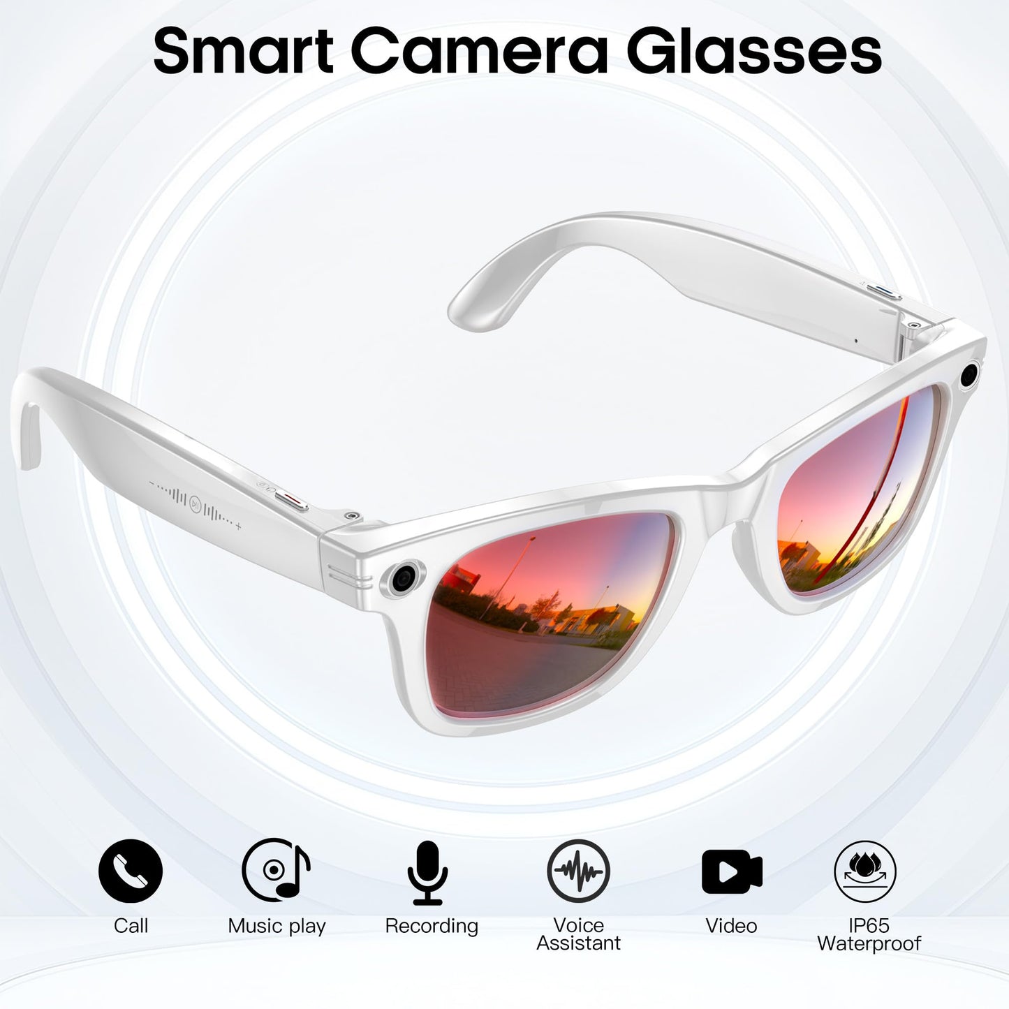AI Smart Camera Glasses for Men Women, 4K Photography,1080P HD Video Recording,Real-Time Translation, Open-Ear Audio,Voice Assistant, Lightweight (White Frame-Red Lens)