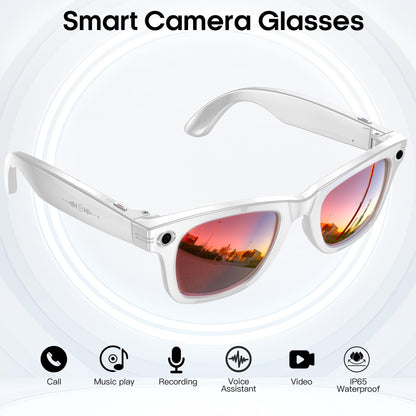 AI Smart Camera Glasses for Men Women, 4K Photography,1080P HD Video Recording,Real-Time Translation, Open-Ear Audio,Voice Assistant, Lightweight (White Frame-Red Lens)
