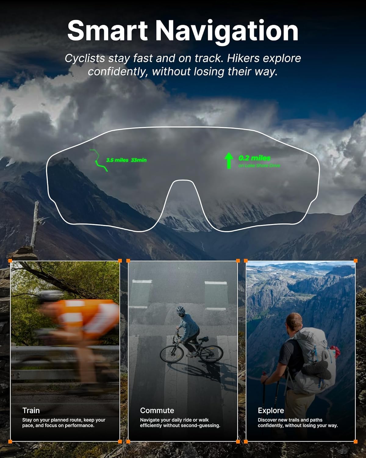 HUD Smart Sports Glasses — AR Display, AI Navigation, Heart Rate Monitor for Cycling & Hiking