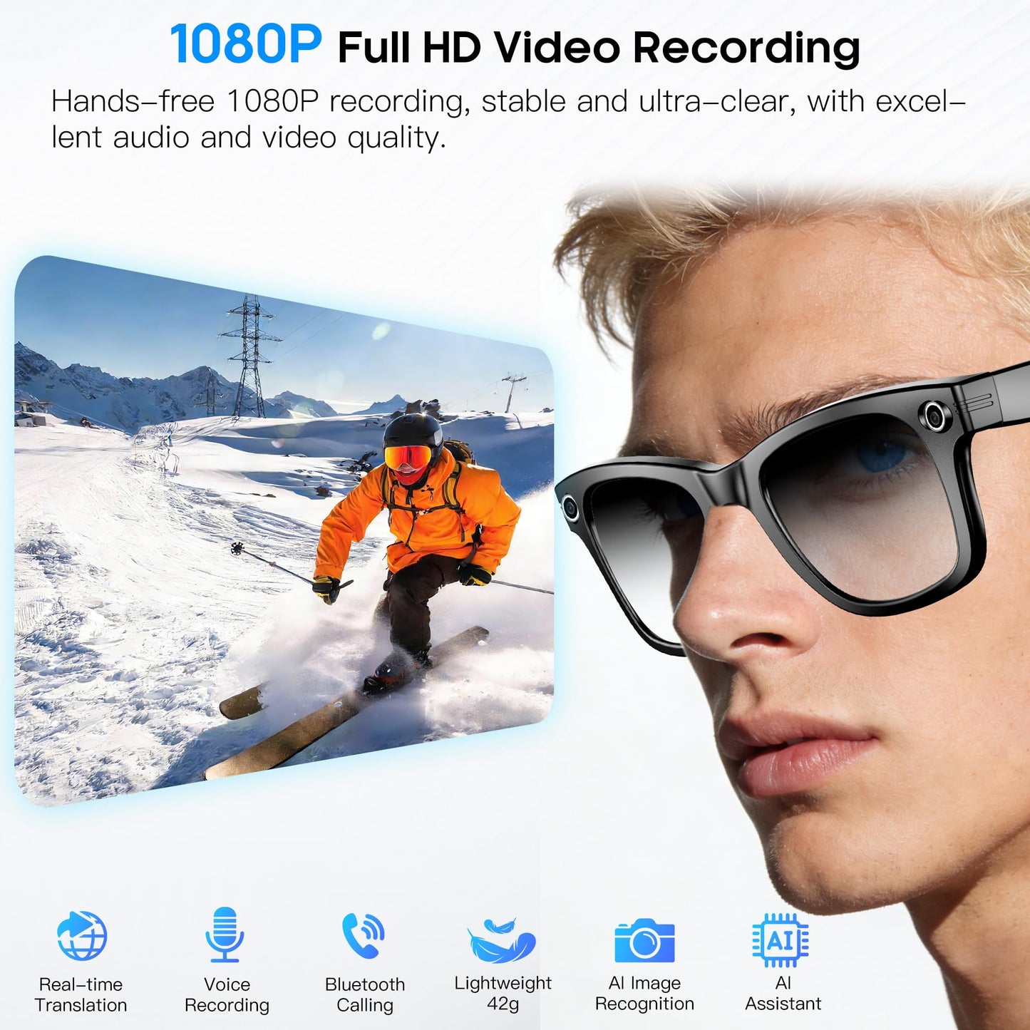 AI Smart Camera Glasses for Men Women, 4K Photography,1080P HD Video Recording,Real-Time Translation, Open-Ear Audio,Voice Assistant, Lightweight (White Frame-Red Lens)