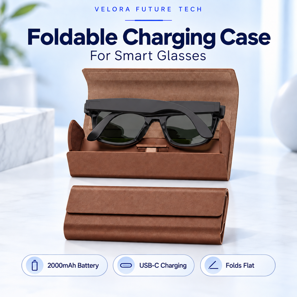 Foldable Charging Case for Smart Glasses — 2000mAh Portable Travel Charger